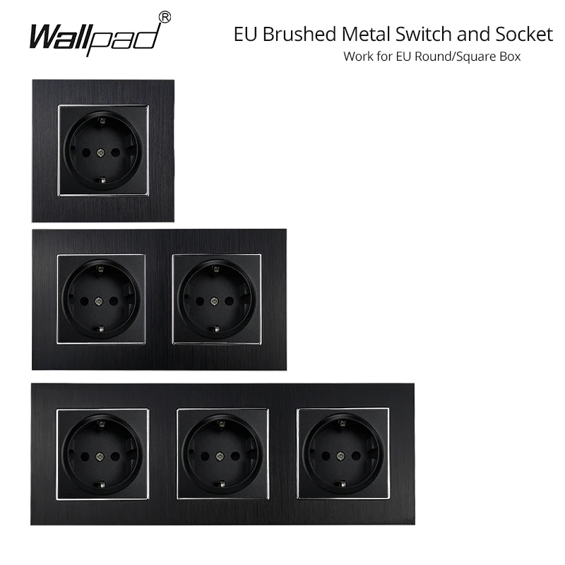 EU Black Brushed Matte Metal Aluminium 2 3 Multi Position Electrical Power Wall Socket 16A 220V Screwless For Round Box