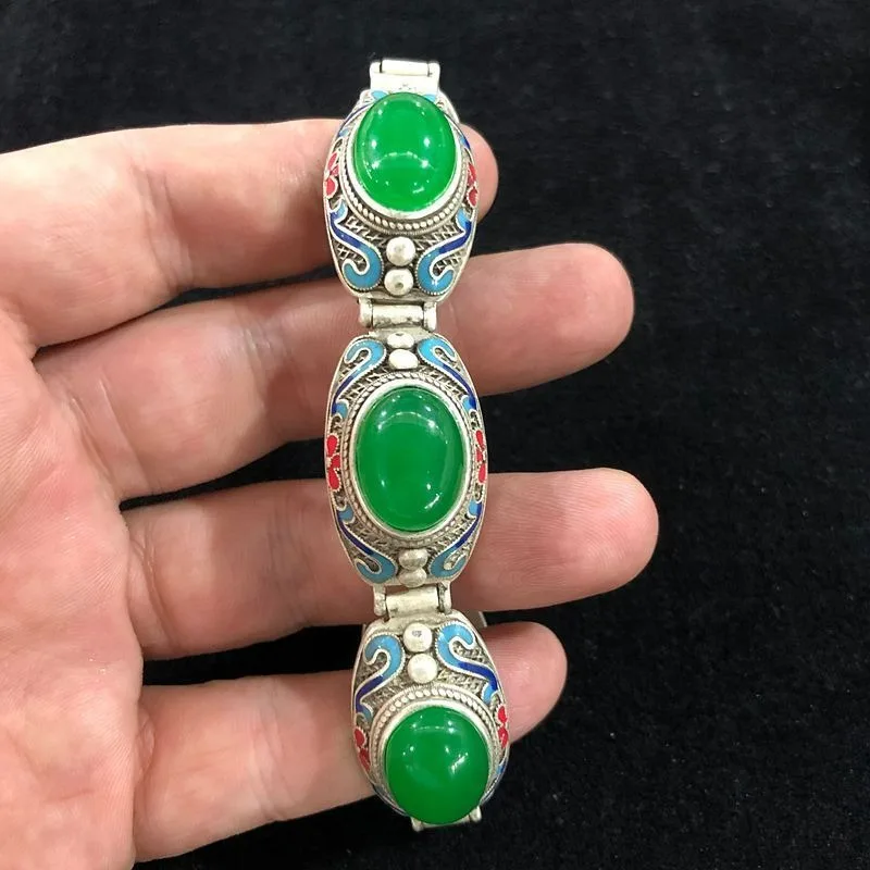 Retro Ethnic Collectible Copper Bangle, Cloisonne Craft with Inlaid Green Beads, Vintage Wide Statement Bracelet Unisex