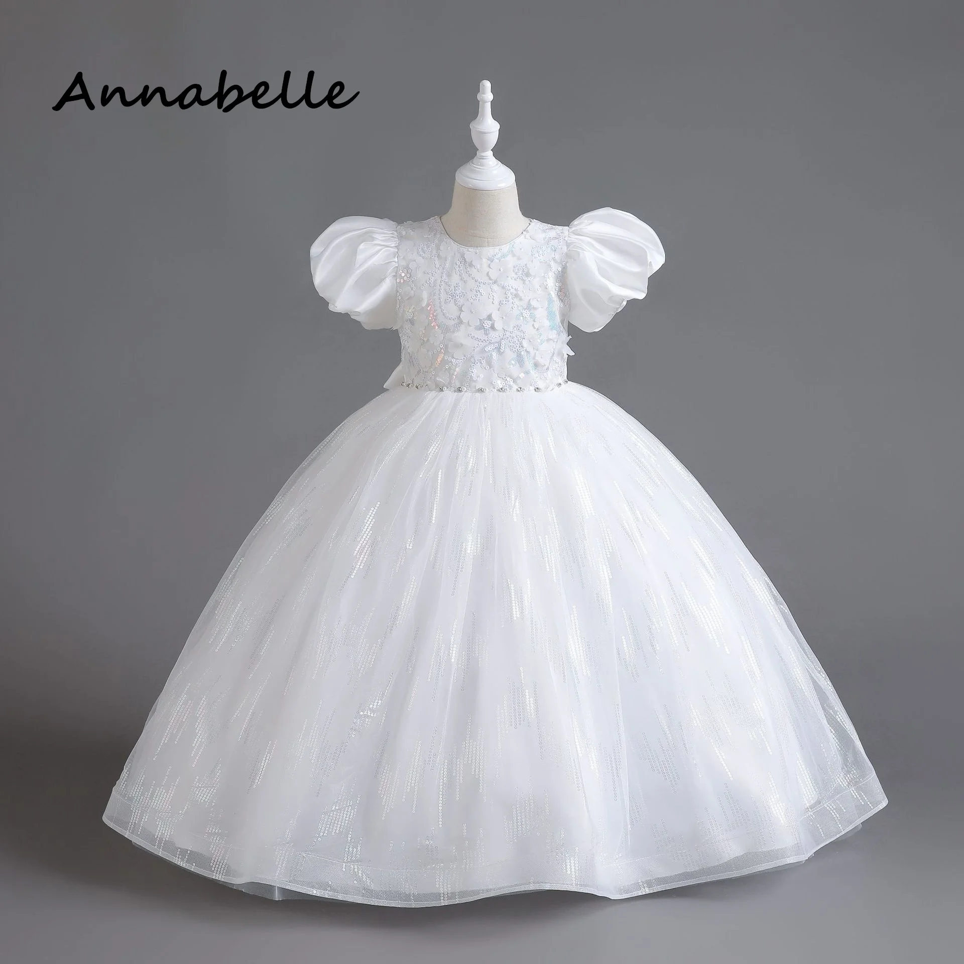 Annabelle Flower Baby Girl Bow Dress For Wedding Party Elegant Dresses Kids Bridesmaid Children Puffy Baby Clothes Princess