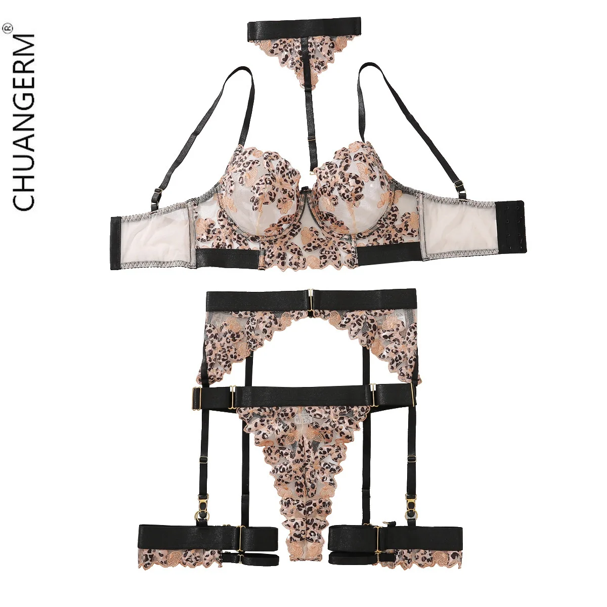 CHUANGERM Hot Leopard Print Erotic Lingerie Neck-hanging Underwear Panty Garter Set See-through Mesh Five-piece Set Breathable