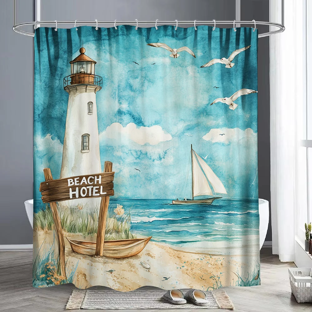 Blue lighthouse coastal scenery Shower Curtain, Beach Ocean Sea Bathroom Decorative Shower Curtain, Home Curtain with Hooks