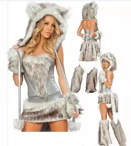 Damen Tierkostüm für Cosplay, Karneval, Halloween, Sexy Häschen, Weißer Leopard, Fuchs, Rollenspiel-Outfit mit Kapuze und Schwanz, Partykleid – Detail 7