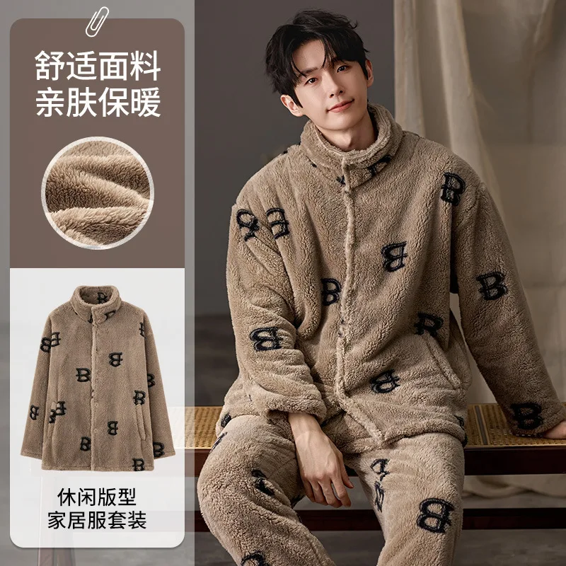 Big Size L-3XL Autumn Winter Warm Nightwear Mens Pajamas Casual Long Tops Pant Pyjamas Coral Fleece Sleepwear Pijamas Pjs Homme