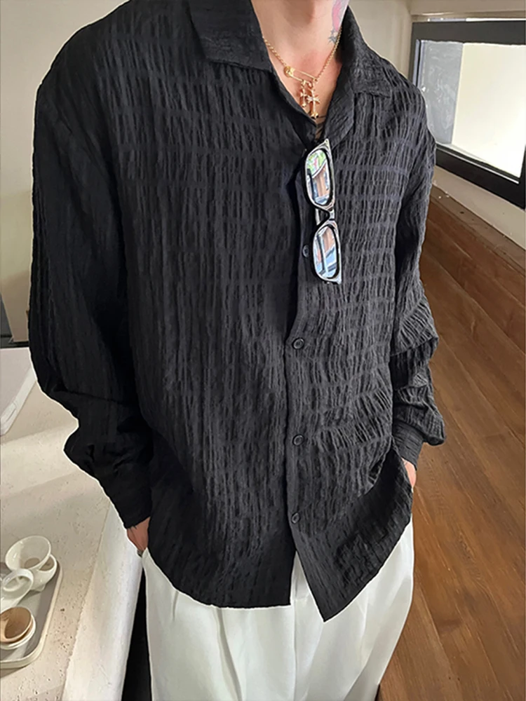 

Black Cuban Collar Embossed Plaid Men's Shirt Autumn Preppy Texture Stylish American Collar Jacket Loose Fit Long Sleeve