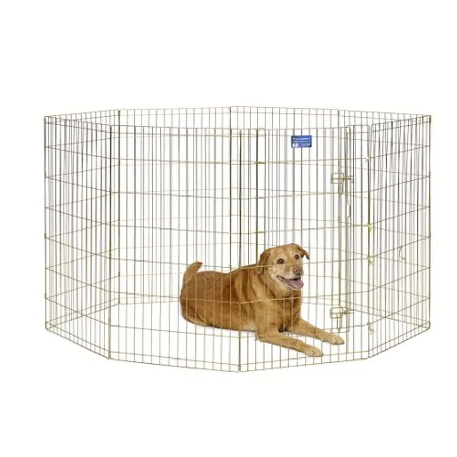 

Folding Metal Dog Exercise Pen Indoor/Outdoor Playpen with Door 16 Sq Feet of Play Space 42-Inches Tall Gold Zinc
