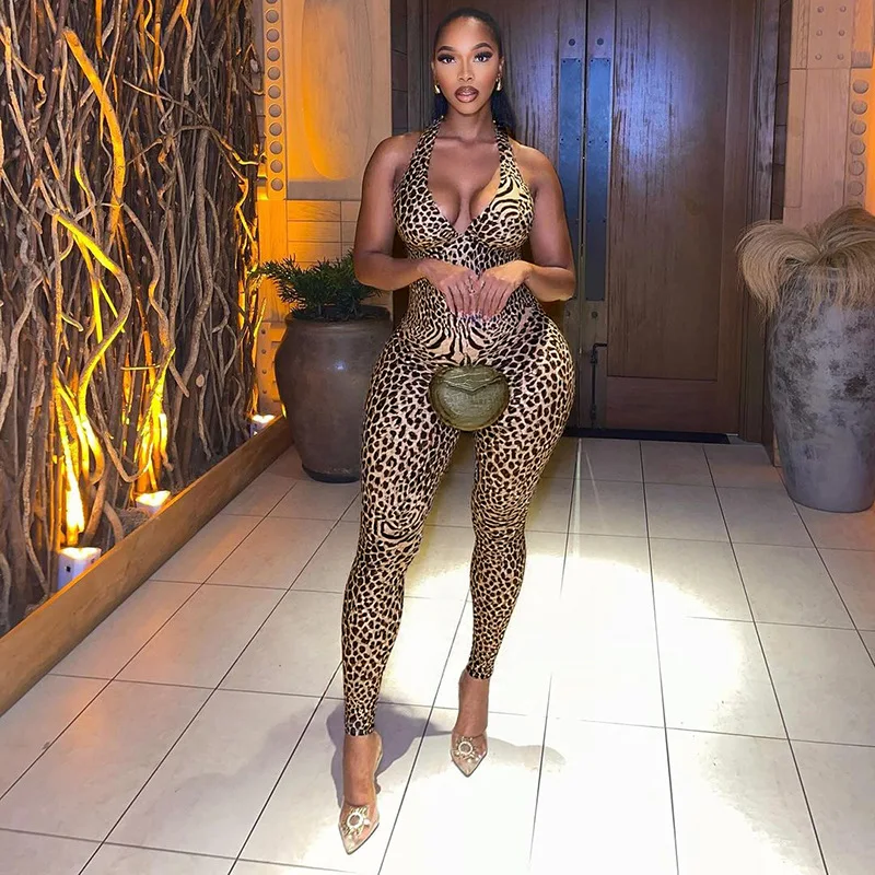 Arrival Women's Leopard Print Halter Deep V Bodycon Long Jumpsuit Soft Comfortable Trendy Stylish Versatile Daily Casual Rompers