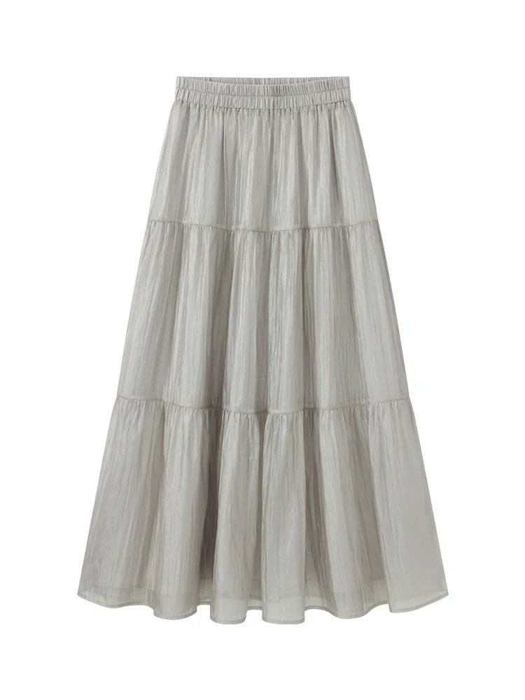 Pleated A-Line Skirt Women Summer High Waist Elastic Waistband Tiered Midi Skirt for Petite Elegant Flowy Slimming Style Skirt