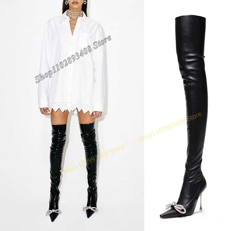 Black Crystal Butterfly Knot Over the Knee Boots punta a punta tacchi a spillo scarpe da donna con tacco alto 2023 Fashion Zapatos Para Mujere