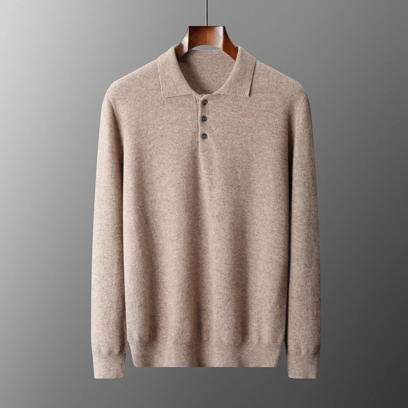 First-line ready-to-wear autumn and winter new 100% Merino wool cashmere polo collar sweater men's solid color long sleeve wool