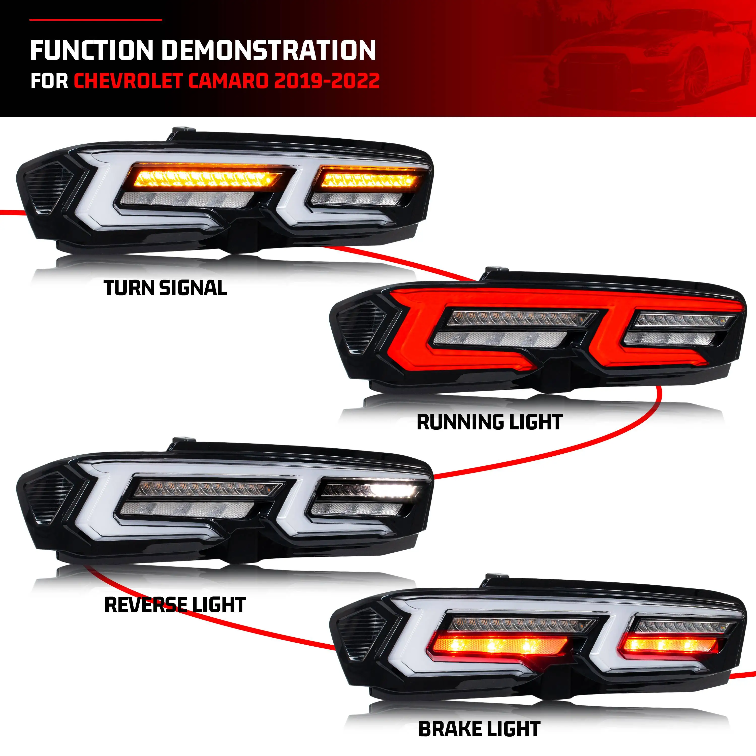 LED Tail Lights for Chevrolet Camaro Chevy 2019-2024 ZL1 SS Sequential Turn Signal Dynamic Animation Rear Lamps Assembly