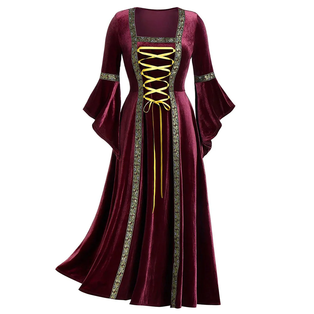 Vintage Middeleeuwse Renaissance Goth Punk Lange Mouw Maxi Jurk Fluwelen Jurk Touw Kostuum Vrouwen Kleding Halloween Cosplay Carnaval