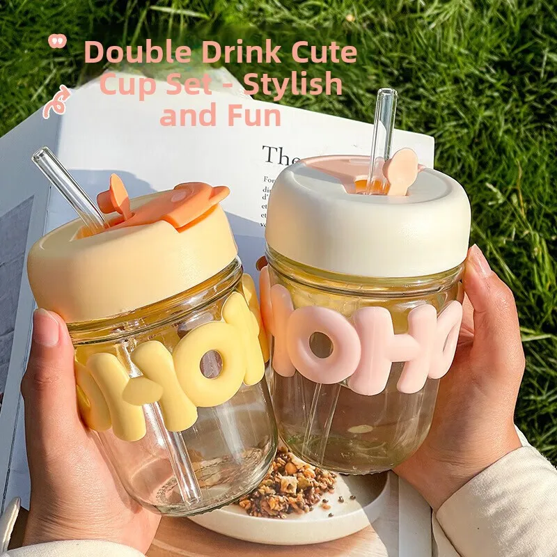 

Transparent Glass Cup with St Letter Design Portable Water Cup for Women High Aesthetic Value New Model 350ml
