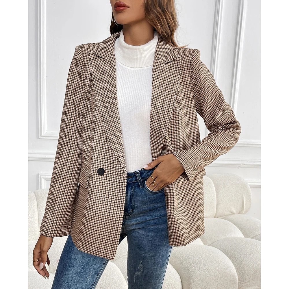 Mia Muse Women's Coasts All Season Elegant Decent Houndstooth Double Button Long Sleeve Lapel Office Lady Coasts