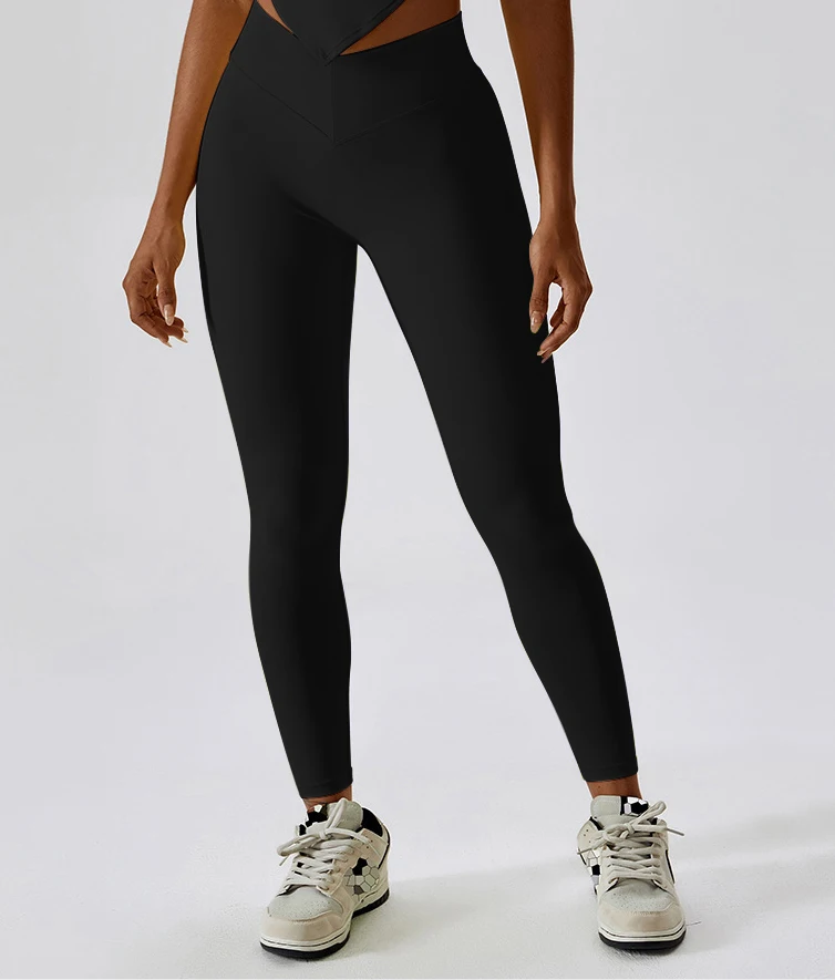 

V-waist elastic sports leggings, women's peach hip lifting running, quick drying yoga pocket pants