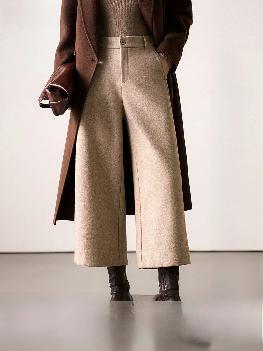

Casual Wool Blend Velvet Weave Nine-Foot Shape Wide Leg Commuter Pants Xhange Ladies Straight Leg Natural Waist Button Closure