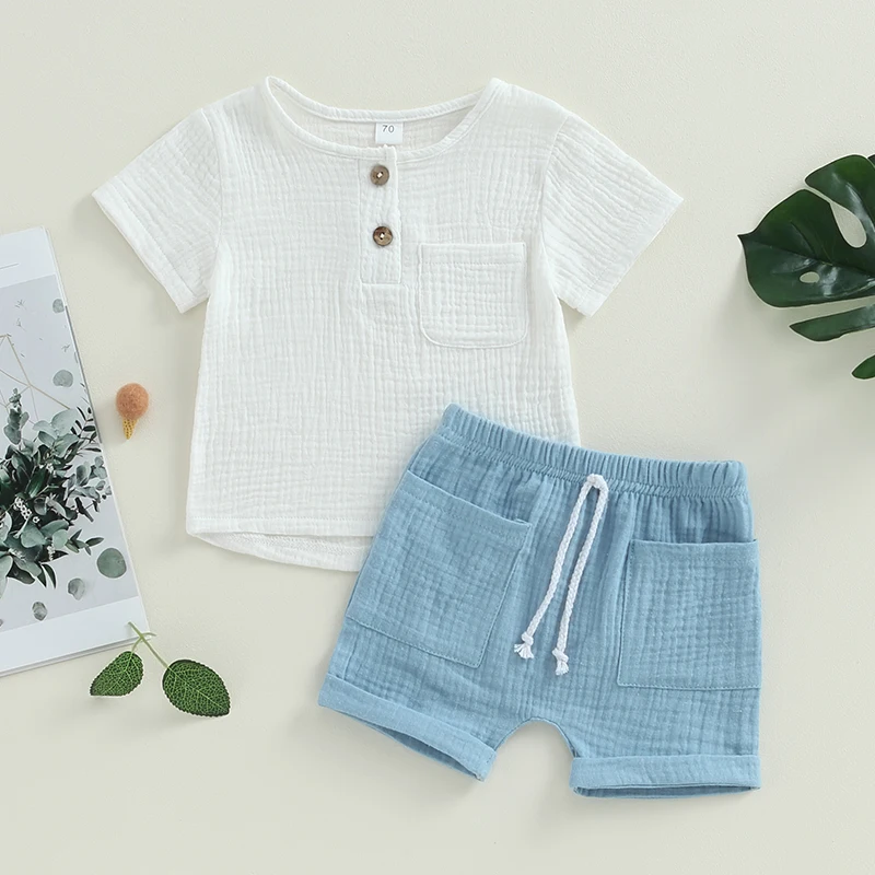 Blotona 2Pcs Baby Boy Summer Outfits, Short Sleeve Button Down Pocket T-shirt Tops + Shorts Set Toddler Casual Clothes 0-3Years