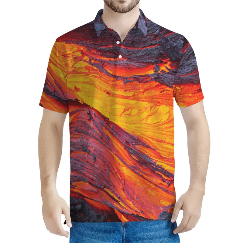 Hot Magma Pattern Polo Shirt For Men Lava Volcano 3D Printed T-Shirts Casual Street Lapel Tops Button Tees Loose Short Sleeves