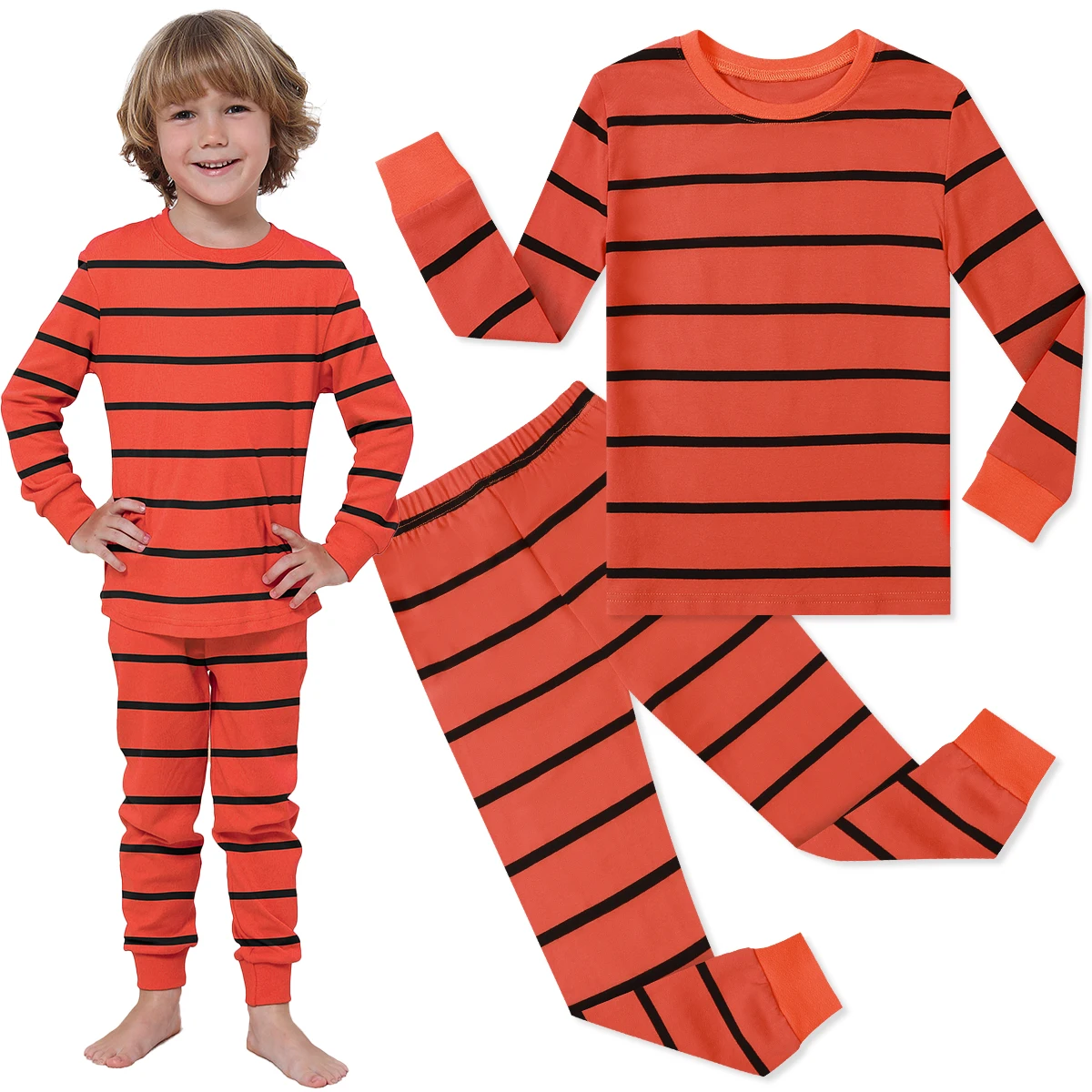 

Пижамы на Хэллоуин для детей, оранжевый и черный пижамный комплект в полоску для маленьких мальчиков, карнавальный костюм для косплея, подарок на вечеринку, зимний хлопковый костюм