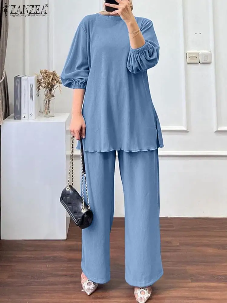 Elegant Muslim Sets ZANZEA Summer Tracksuits Women Long Sleeve Blouse Trousers Suits IsIamic Outfits Fashion Loose Matching Sets