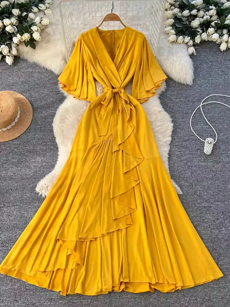 ربيع الخريف المرأة بورجوندي فستان ماكسي الخامس الرقبة التفاف الجبهة كم طويل أنيق فستان حفلة بوهو عادية كشكش رداء طويل جديد 2026 #2