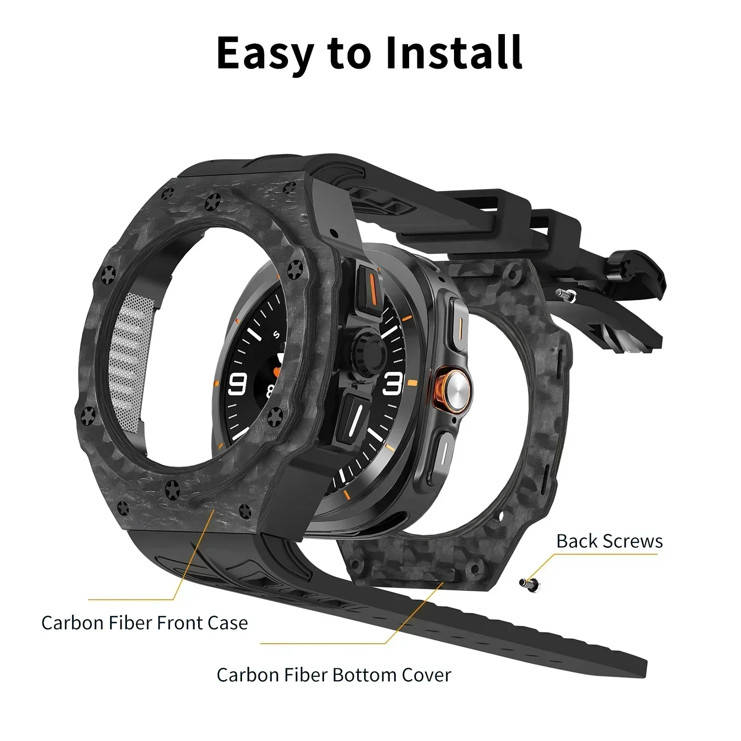 Luxe koolstofvezel modificatiekit voor Samsung Galaxy Watch Ultra 47 mm Carbon Case rubberen band voor Galaxy Watch 7 Ultra 47 mm