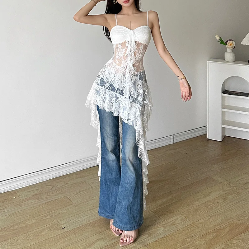 New Fashionable Women's Hollow Lace Irregular Hem Dress YY10938