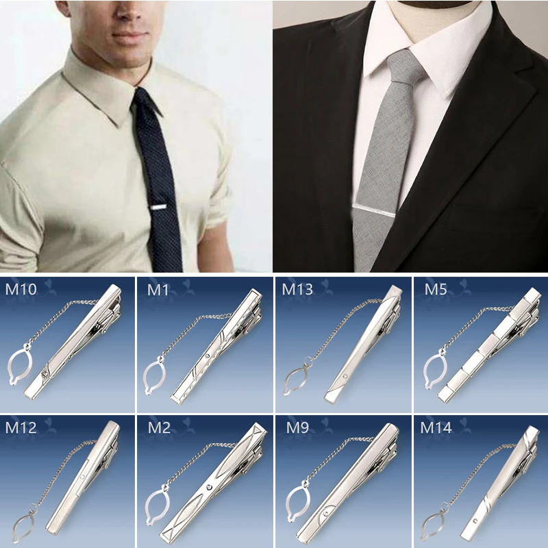 Men\'s Metal Tie Clip Silver Color Necktie Clips Pin Clasp Men Wedding Gentleman Ties Bar Crystal Tie Pin Party Smooth Clasp Pins