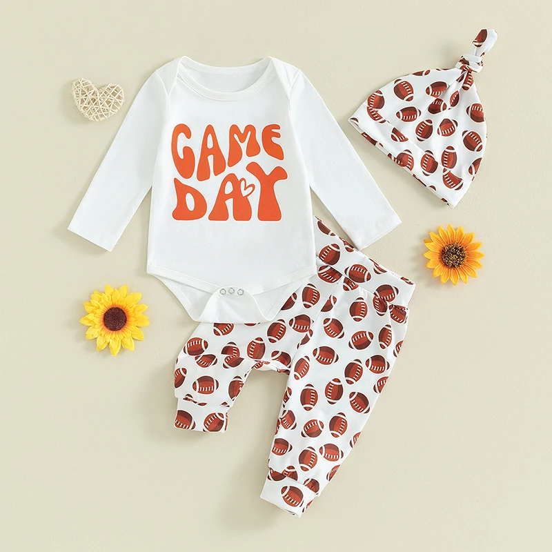 

2023-09-08 Lioraitiin 0-18M Newborn Baby Boys Rugby Clothes Set Long Sleeve Letter Print Round Neck Bodysuit Pants Hat Outfits