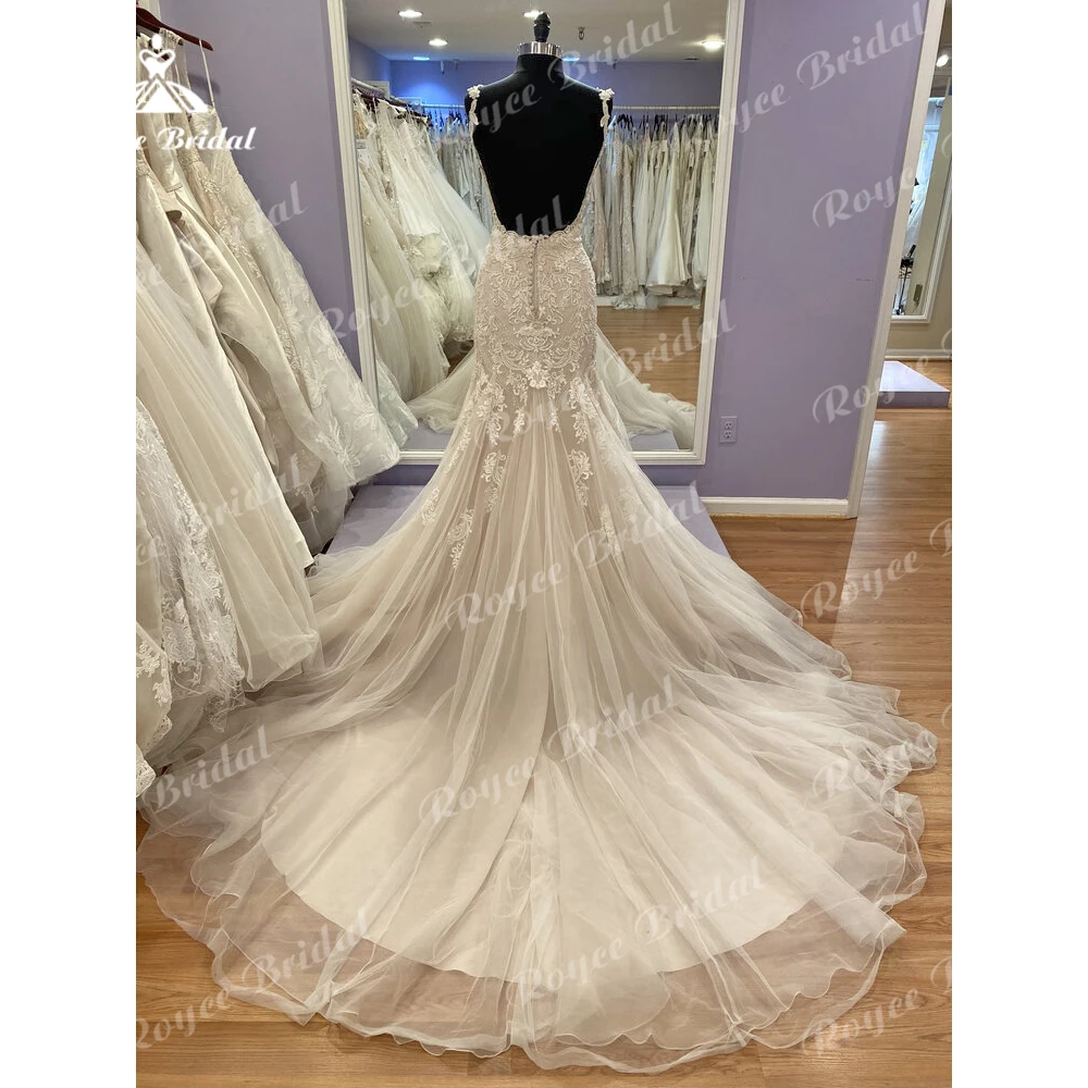 Exquisite Spitze Meerjungfrau Hochzeit Kleid Sexy V-ausschnitt Appliques Spaghetti-trägern Open Back Taste Für Frauen Brautkleid Sweep Vestido