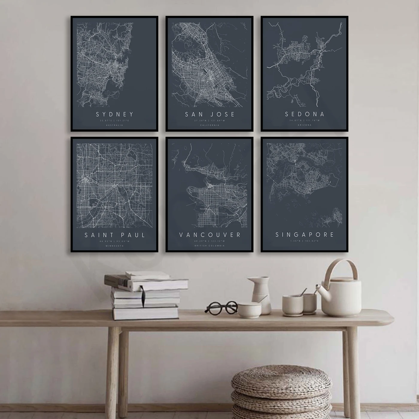 Phoenix Singapore Twin Cities Raleigh North Sao Paulo San Jose Sedona Sydney Tuscaloosa Vancouver Portland. Cities Map Poster