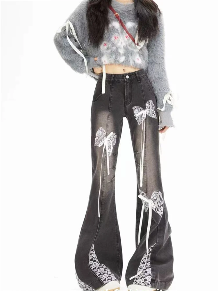 

Women's Lace Bow Micro Flared Vintage Black Denim Pants Personalized Trousers Cool Girl Casual Bottoms Female Bell-bottom Jeans