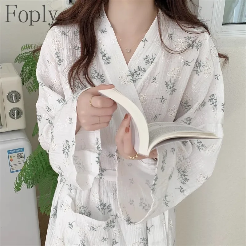 

Ins Style Nightgowns for Women Spring Summer Sleepwear New 2025 Japanese Pajamas Long Kimono Bathrobe Loose Floral Home Clothes