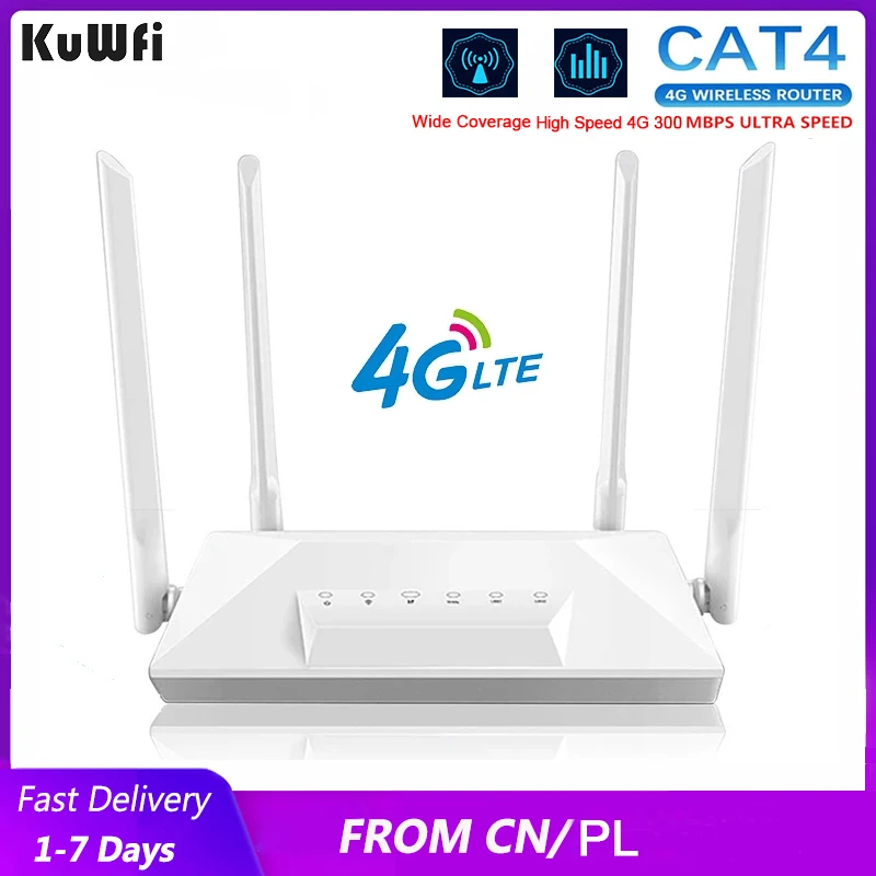 KuWFi 300Mbps 4G CAT4 LTE Wireless Router With SIM Card Slot Rj45 WiFi Router Modem LAN Port 4 External Antenna WIFI Adapters