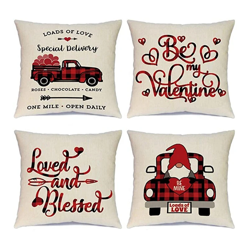 

4Pcs Valentine's Day Pillow Cover 18X18 Inch Plaid Valentine's Day Ornament Red Heart Tree And Love Throw Pillowcase