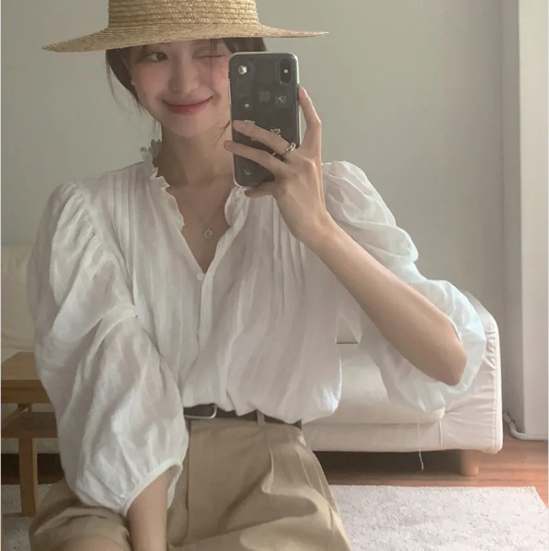 2024 Korean Fashion Sweet Puff Sleeve Office Oversized Women Blouses Shirts Spring Summer Vintage Elegant Lady Tops Blusas