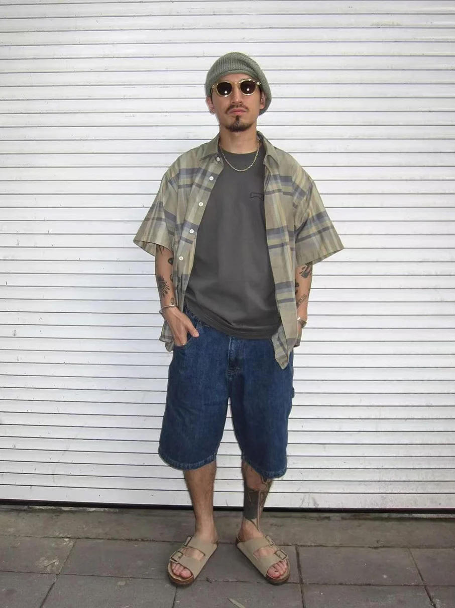 

American Retro Waed Denim orts Men Summer Loose Straight Five-Point Trendy Cotton Material Comfortable Fit M Model