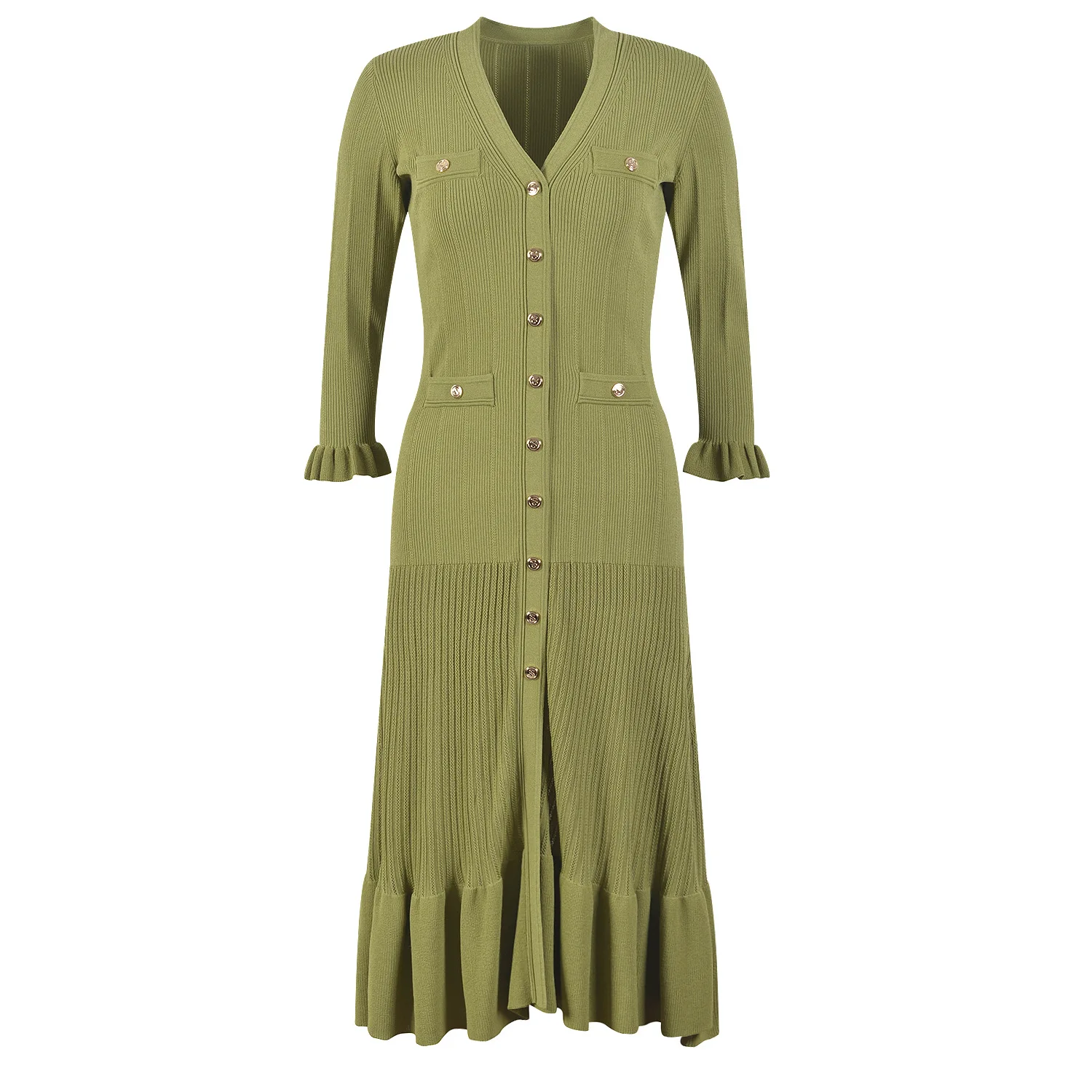 

Women's Green Three-quarter Sleeve Knitted Dress V-neck Slim Fit Elegant Robe for day and night party