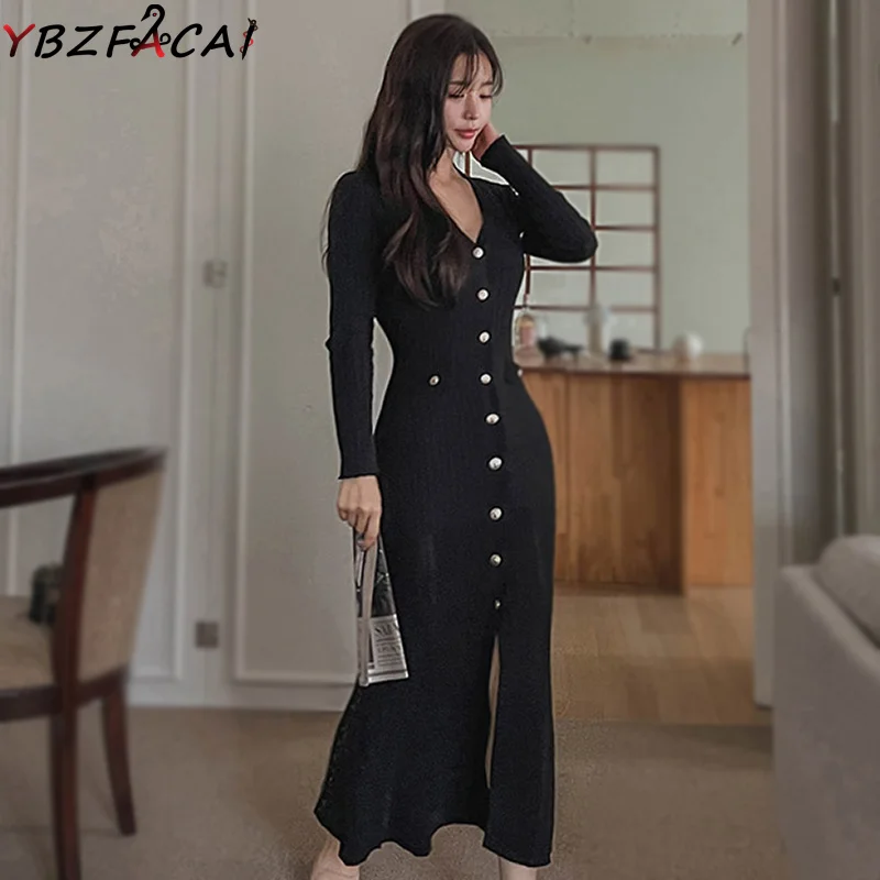 Long Knit Dress Elegant Women 2024 Korean Single Breasted Fishtail Black Knit Dress Fall Winter Retro V Neck Long Sleeve Dress