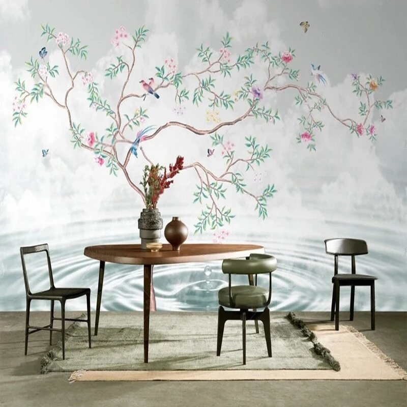 Simple creative fresh watercolor dynamic patterns of trees TV luxurious home decoration bedroom background wall
