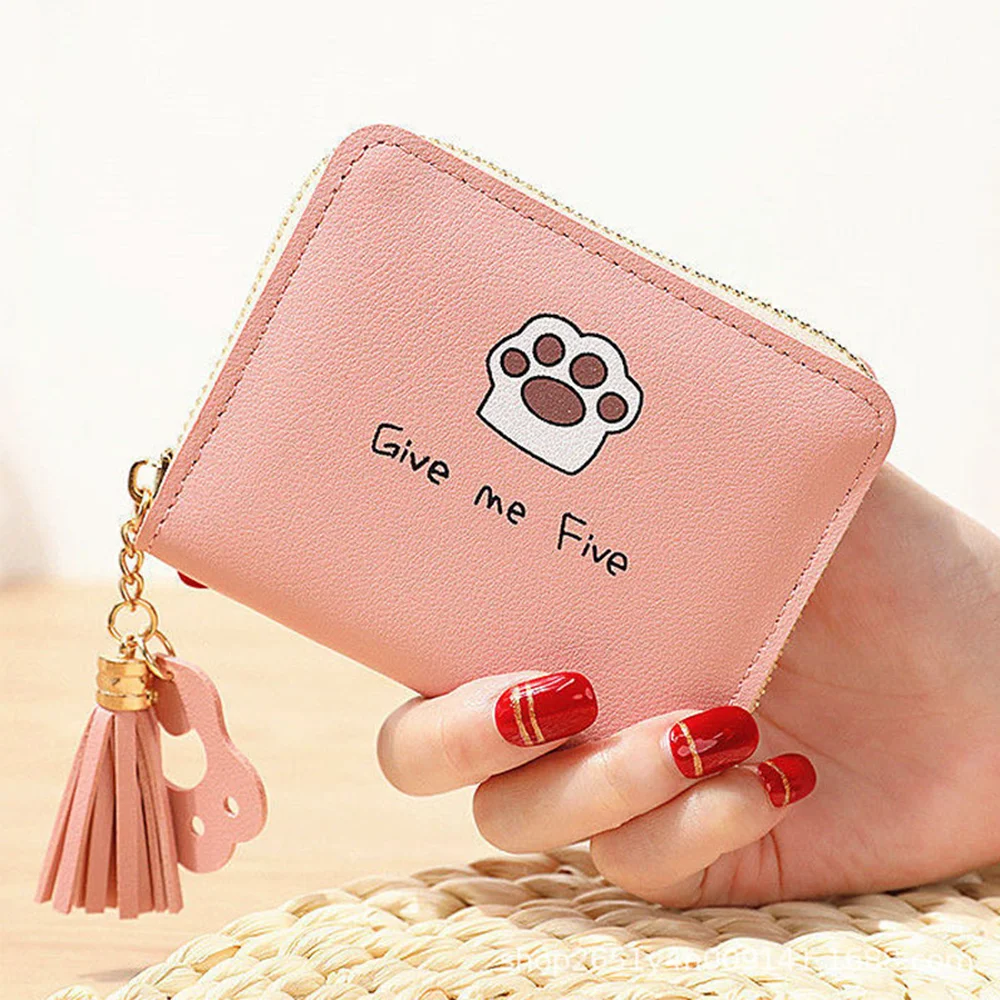 Carteira feminina moda curta casual estudante moeda bolsa bonito dos desenhos animados gato pata impressão borla zíper caso de cartão designer carteira