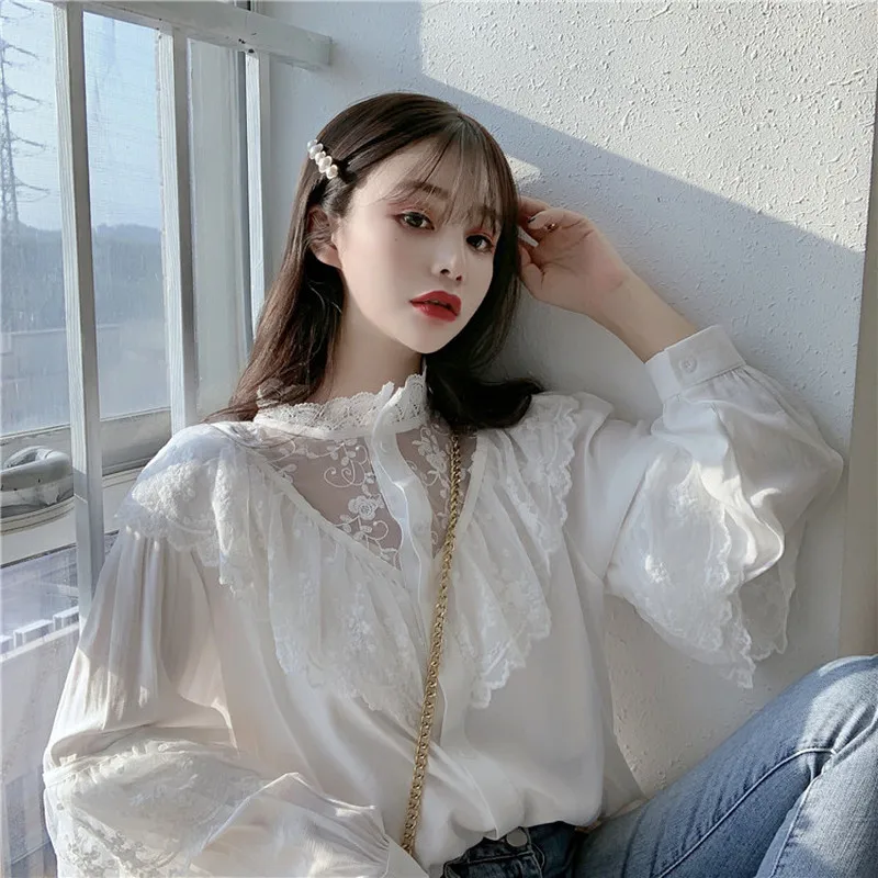 Spring Sweet Loose Women Clothes Korean Ruffled White Blouse Fashion Stand Collar Lady Tops Vintage Long Sleeve Lace Shirt 11335