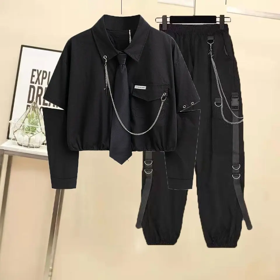 Women Men Work Jumpsuit Alternative, High Waisted Black Trousers & Crop Top Shirt Set, Korean Fashion Summer Outfit 2024