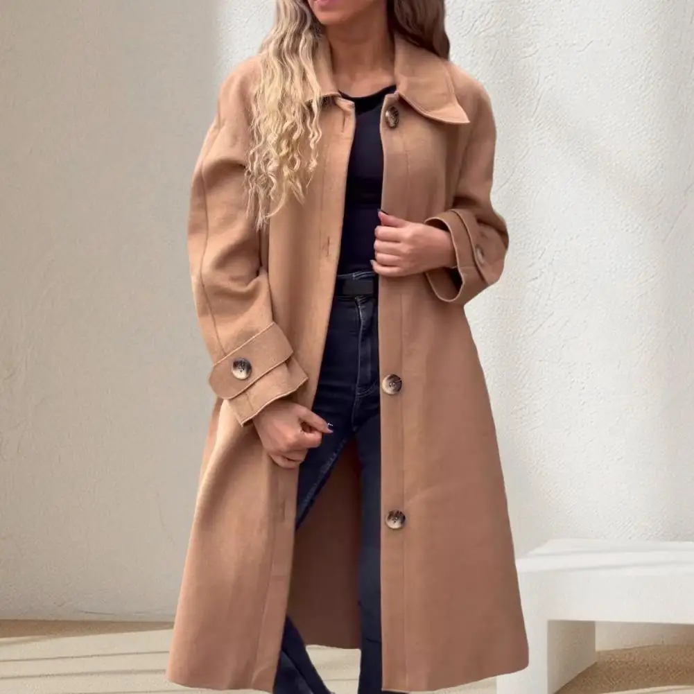 

Mid-length Wool Coat Elegant Women's Woolen Coat with Lapel Side Pockets Mid-length Single Breasted Outwear in for Fall/winter