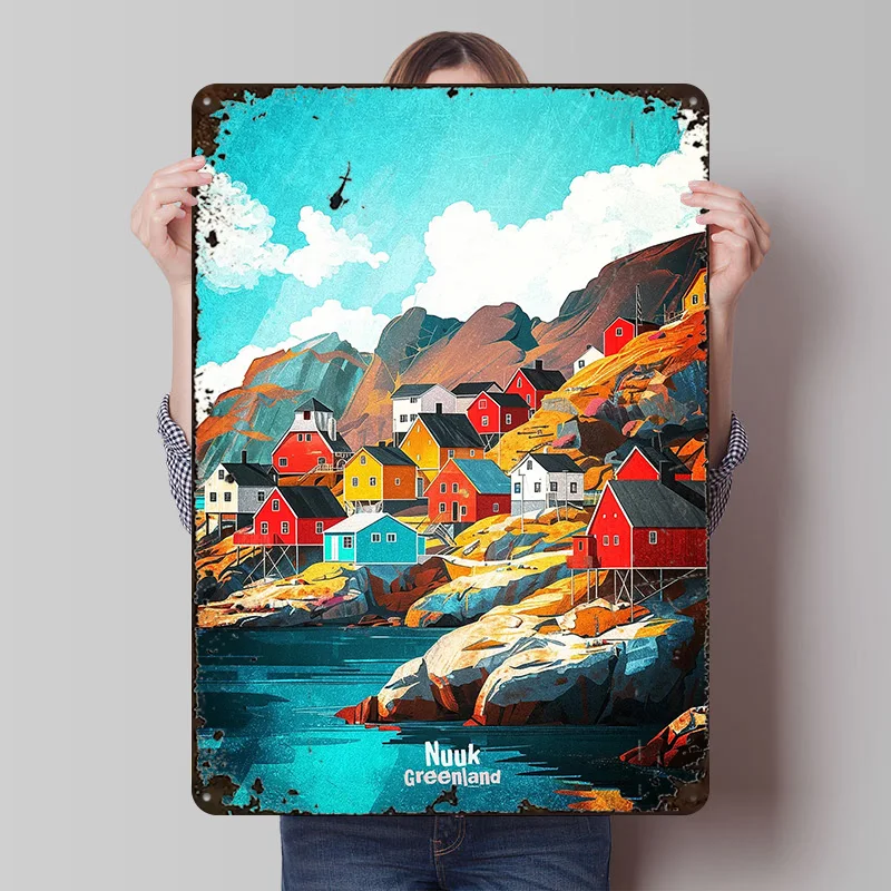 Colorful Houses in Nuuk Greenland Printing Poster Customized Retro Wall Art Vintage Metal Signs for Gaming Room Decoration Cozy