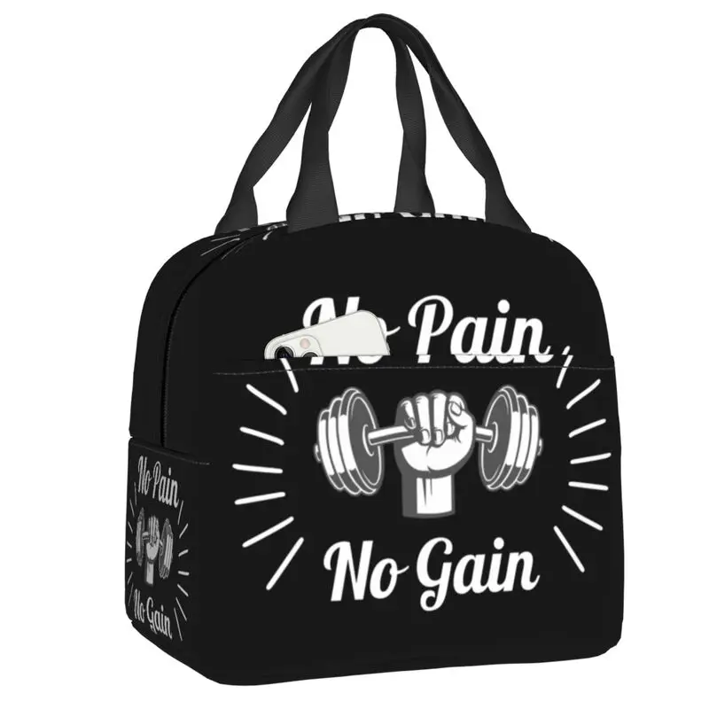 

Custom No Pain No Gain Fitness Workout Lunch Bag Men Women Bodybuilding Thermal Cooler Insulated Lunch Boxes for Adult Office