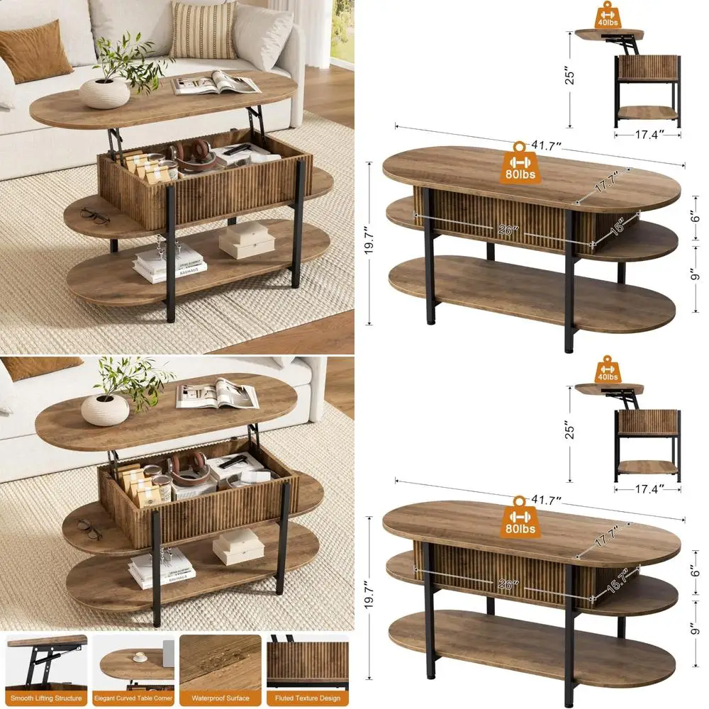 

Овальный журнальный столик с подъемным верхом, рифленым деревянным центром и скрытым хранилищем, 3-х уровневые небольшие столики с изогнутыми краями, современный стиль