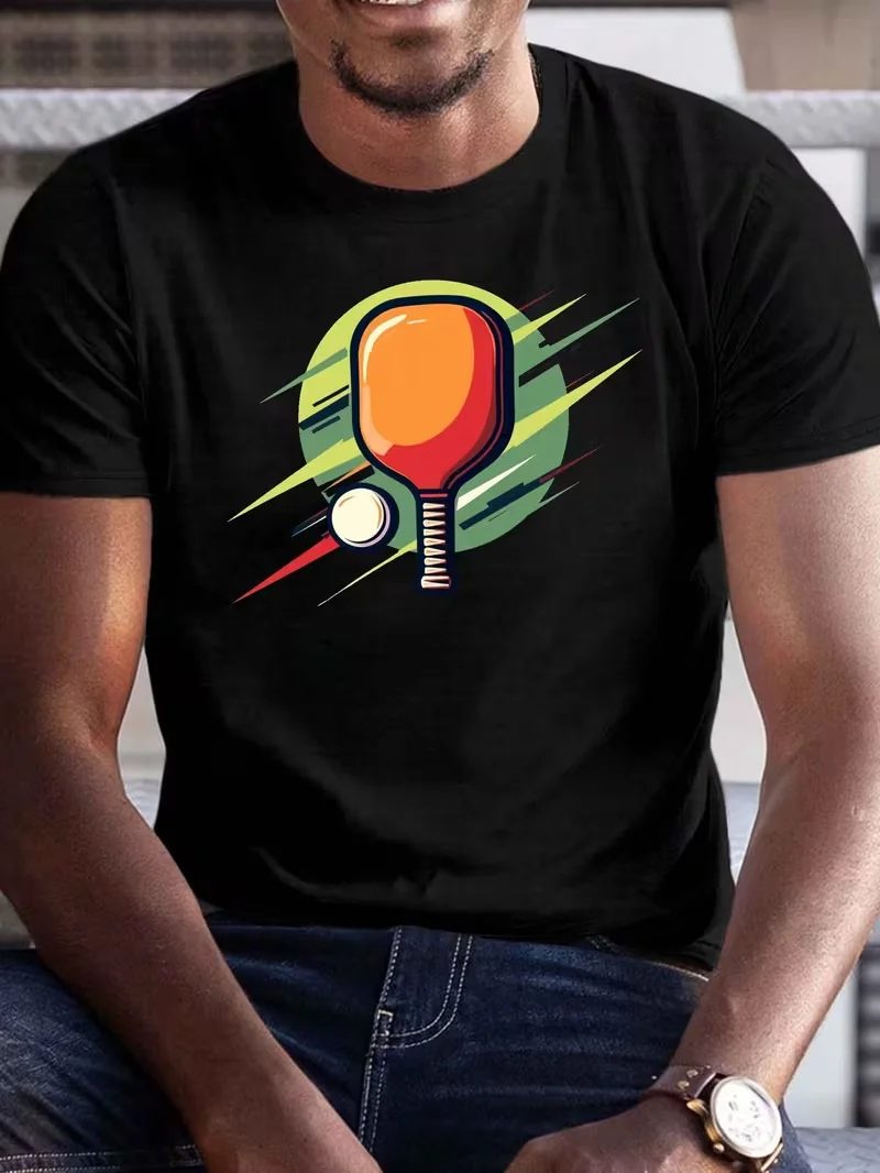 Men'S T-Shirt Ball Pattern Featuring Rackets and Balls Round-Neck Casual Tee Is Perfect for Racket Sports Enthusiasts T-Shirt