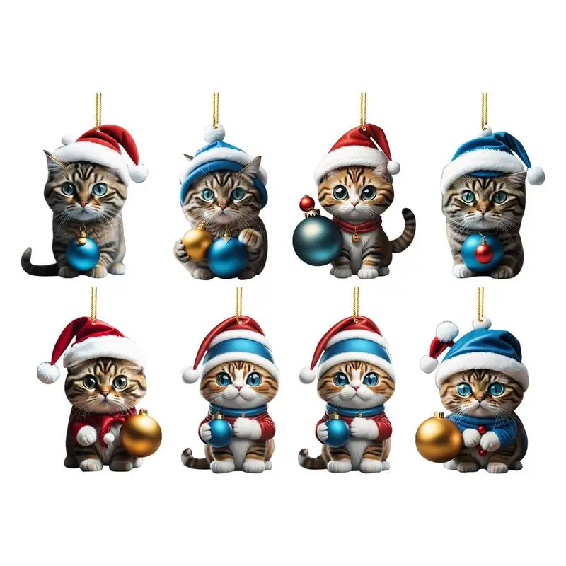 2D Funny Cat Hanging Christmas Tree Ornament Animal Pendant Rearview Mirror Ornaments Car Gifts