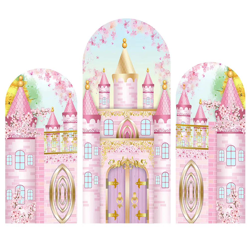 Mocsicka 2-Sided Arch Backdrop Covers Pink Cartoon Castle Girl 1st Birthday Party Decorations Arched Background Photoshoot Props