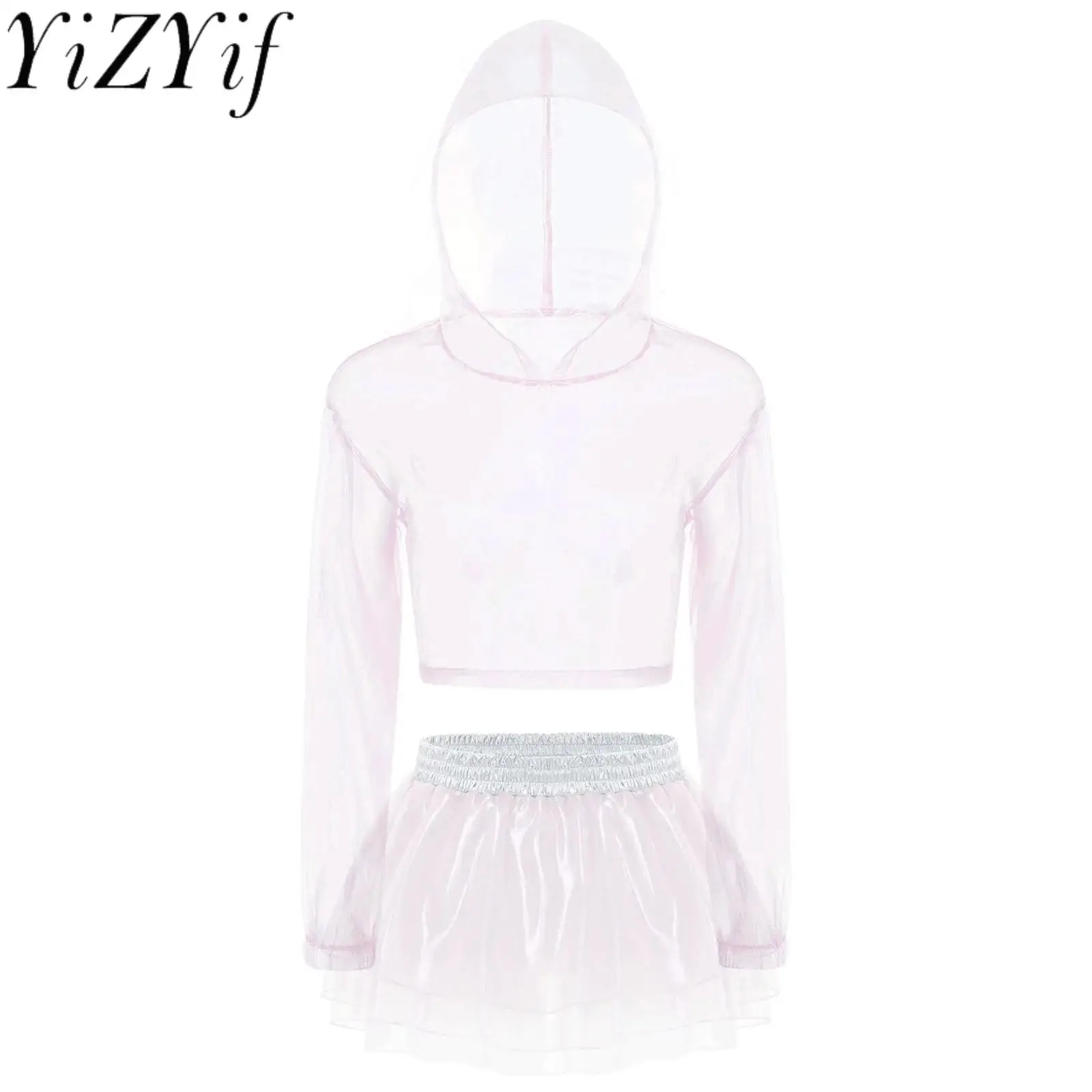 

Women Pink Transparent Hooded Cropped Tops with Tiered A-line Mini Skirt Sets Fashion Lingerie Bikini Cover See Through Outfits